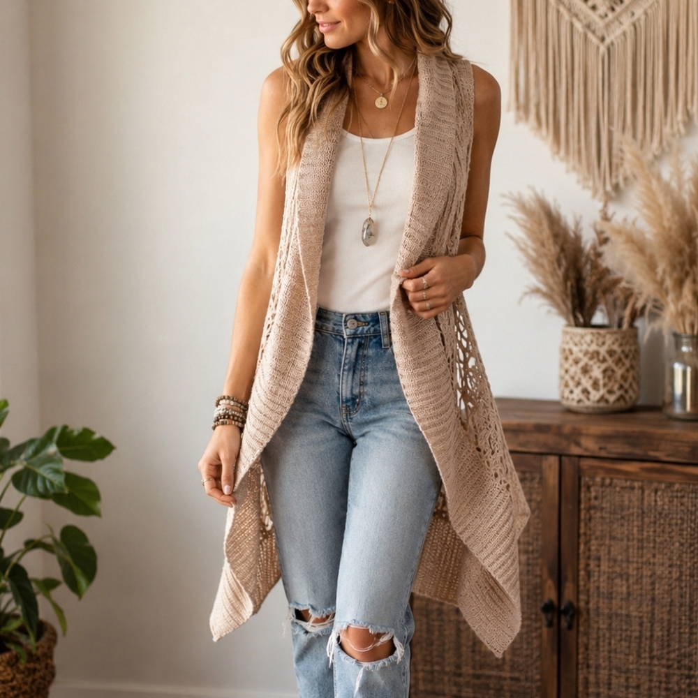 Love & Liberty Beige Crochet Knit Open Front Sweater Vest XS Layering Cardigan